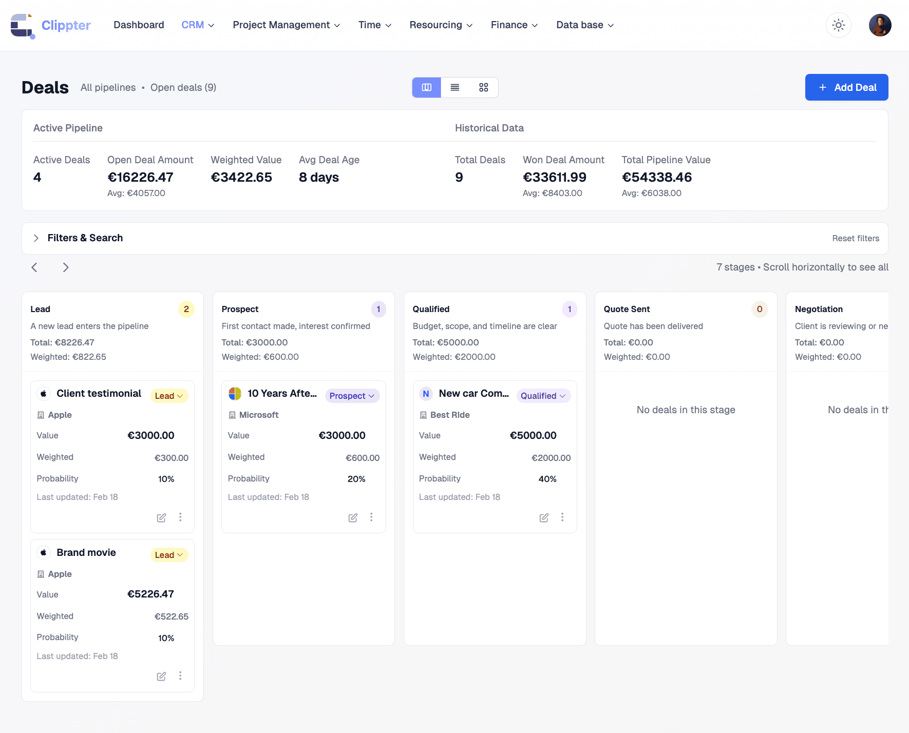 Deal pipeline Kanban board